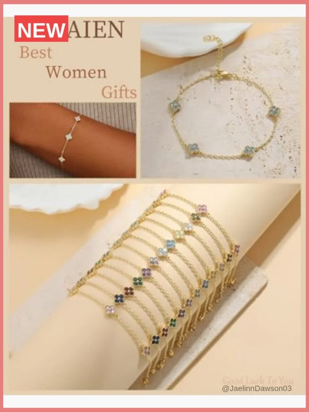 Dainty Four Leaf Clover Bracelet 14K Gold Plated Birthstone Stackable